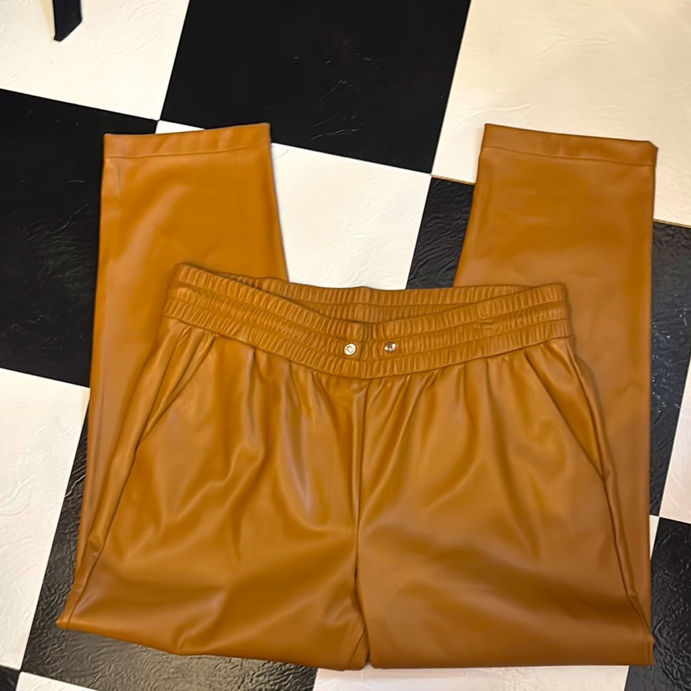 loft Stylish Tan Faux Leather Pants large
